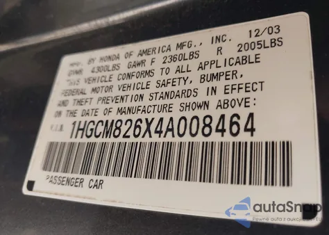 2004 Honda Accord 3.0 Ex из США, поврежденный, VIN 1HGCM826X4A008464